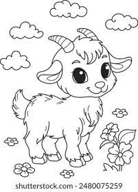 Coloring page outline of the cartoon smiling cute little goat. Colorful vector illustration, summer coloring book for kids.