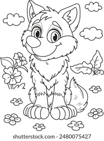 Coloring page outline of the cartoon smiling cute wolf with flowers. Colorful vector illustration, summer coloring book for kids.