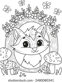 Coloring page outline of the cartoon smiling cute beautiful fox with flowers and mushrooms. Colorful vector illustration, summer coloring book for kids.