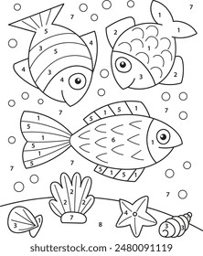 Coloring page outline of the cartoon smiling fish. Colorful vector illustration of educational game for preschool children, summer coloring book for kids.