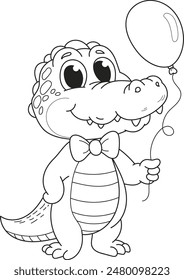 Coloring page outline of the cartoon smiling cute crocodile with air balloon. Colorful vector illustration, summer coloring book for kids.