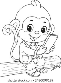 Coloring page outline of the cartoon smiling cute monkey with a mobile phone. Colorful vector illustration, summer coloring book for kids.