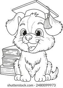 Coloring page outline of the cartoon smiling cute little dog professor with books. Colorful vector illustration, summer coloring book for kids.