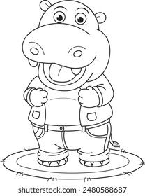 Coloring page outline of the cartoon smiling cute little hippo. Colorful vector illustration, summer coloring book for kids.