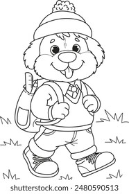 Dibujo para colorear contorno de la caricatura sonriente perro lindo va a la escuela. Ilustración vectorial colorida, libro para colorear de verano para niños.