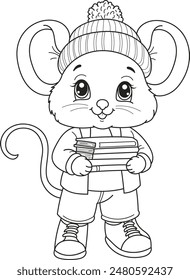 Coloring page outline of the cartoon smiling cute mouse goes to school. Colorful vector illustration, winter coloring book for kids.