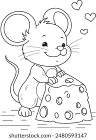 Dibujo para colorear contorno de la caricatura sonriendo lindo ratón con queso. Ilustración vectorial colorida, libro para colorear de verano para niños.