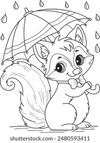 Coloring page outline of the cartoon smiling cute beautiful fox under the umbrella. Colorful vector illustration, summer coloring book for kids.