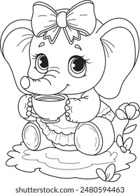 Coloring page outline of the cartoon smiling cute baby elephant drinks tea. Colorful vector illustration, summer coloring book for kids.