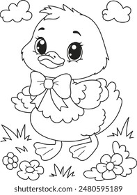 Coloring page outline of the cartoon smiling cute duck. Colorful vector illustration, summer coloring book for kids.