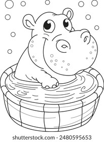 Coloring page outline of the cartoon smiling cute hippo takes a bath. Colorful vector illustration, summer coloring book for kids.