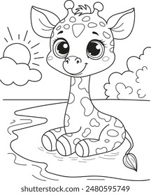 Coloring page outline of the cartoon smiling funny giraffe. Colorful vector illustration, summer coloring book for kids.