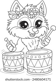 Coloring page outline of the cartoon smiling cute beautiful hippie fox with flowers plays drums. Colorful vector illustration, summer coloring book for kids.