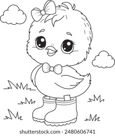 Coloring page outline of the cartoon smiling cute little chick. Colorful vector illustration, summer coloring book for kids.