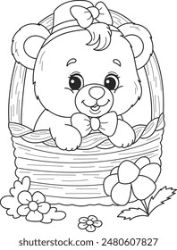 Coloring page outline of the cartoon smiling cute bear in basket. Colorful vector illustration, summer coloring book for kids.