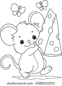 Coloring page outline of the cartoon smiling cute mouse with cheese. Colorful vector illustration, summer coloring book for kids.