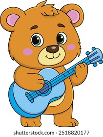 Coloring page outline of cartoon smiling cute bear plays guitar. Colorful vector illustration, summer coloring book for kids.