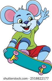 Colorindo o contorno da página de desenho animado mouse bonito sorridente em um skate. Ilustração vetorial colorida, livro de colorir de verão para crianças.