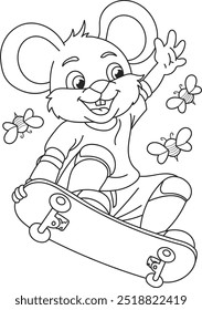 Colorindo o contorno da página de desenho animado mouse bonito sorridente em um skate. Ilustração vetorial colorida, livro de colorir de verão para crianças.