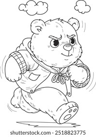 Coloring page outline of the cartoon smiling cute big bear runs. Colorful vector illustration, summer coloring book for kids.