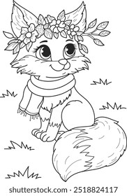 Colorindo o contorno da página de desenho animado sorridente linda raposa com flores. Ilustração vetorial colorida, livro de colorir de verão para crianças.