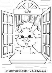 Dibujo para colorear del lindo ratón sonriente de la historieta en la ventana. Ilustración vectorial colorida, libro para colorear del verano para los niños.