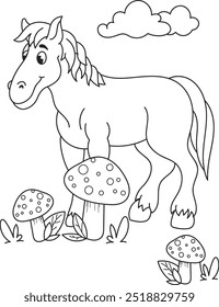 Coloring page outline of the cartoon smiling cute little horse with mushrooms. Colorful vector illustration, summer coloring book for kids.