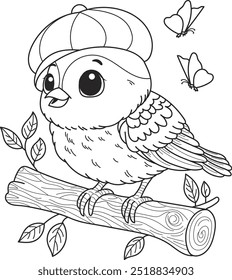 Coloring page outline of the cartoon smiling cute bird sparrow. Colorful vector illustration, summer coloring book for kids.