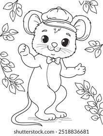 Dibujo para colorear del lindo ratón sonriente de la historieta. Ilustración vectorial colorida, libro para colorear del verano para los niños.