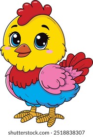 Coloring page outline of cartoon smiling cute little chick. Colorful vector illustration, summer coloring book for kids.