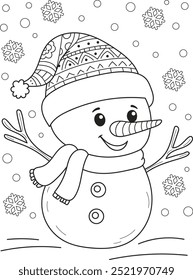 Coloring page outline of cartoon smiling cute christmas snowman. Colorful vector illustration, winters coloring book for kids.