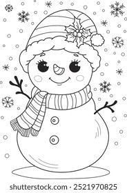 Coloring page outline of cartoon smiling cute christmas snowman. Colorful vector illustration, winters coloring book for kids.