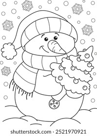 Coloring page outline of cartoon smiling cute christmas snowman. Colorful vector illustration, winters coloring book for kids.