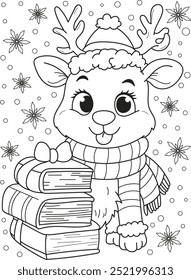 Coloring page outline of cartoon smiling cute christmas deer. Colorful vector illustration, winters coloring book for kids.