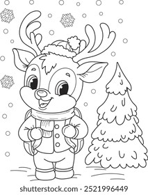 Coloring page outline of cartoon smiling cute christmas deer. Colorful vector illustration, winters coloring book for kids.