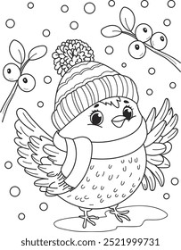 Coloring page outline of cartoon smiling cute little bird with snowflakes. Colorful vector illustration, winters coloring book for kids.