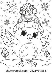 Coloring page outline of cartoon smiling cute little bird with snowflakes. Colorful vector illustration, winters coloring book for kids.