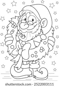 Coloring page outline of cartoon smiling cute elf with christmas wreath. Colorful vector illustration, winters coloring book for kids.