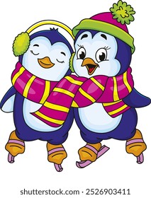 Coloring page outline of cartoon smiling cute two christmas penguins on ice skates. Colorful vector illustration, winter coloring book for kids.