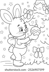 Coloring page outline of the cartoon smiling cute rabbit decorates a christmas tree. Colorful vector illustration, winter coloring book for kids.