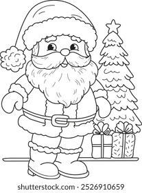 Coloring page outline of cartoon smiling cute Santa Claus with Christmas three. Colorful vector illustration, winter coloring book for kids.