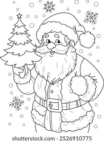 Coloring page outline of cartoon smiling cute Santa Claus with Christmas three. Colorful vector illustration, winter coloring book for kids.