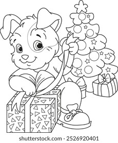 Coloring page outline of the cartoon smiling cute little dog with christmas tree and gifts. Colorful vector illustration, winters coloring book for kids.