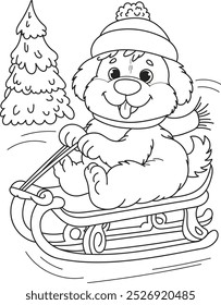 Coloring page outline of the cartoon smiling cute dog sledding. Colorful vector illustration, winters coloring book for kids.