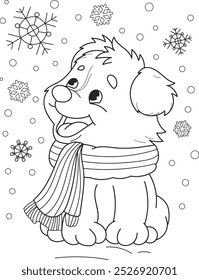 Coloring page outline of the cartoon smiling cute little dog with snowflakes. Colorful vector illustration, winters coloring book for kids.