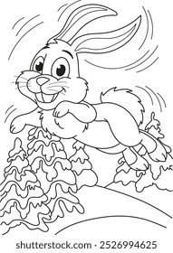 Coloring page outline of the cartoon smiling cute little rabbit. Colorful vector illustration, winters coloring book for kids.