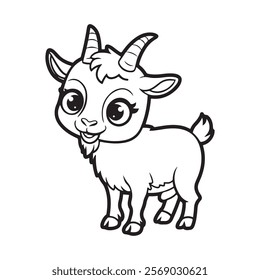 Coloring page outline of the cartoon smiling cute little goat