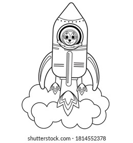 Coloring page outline of cartoon spaceship with animal. Vector image on white background. Coloring book of transport for kids.