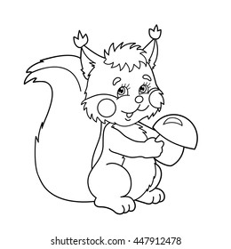 Coloring Page Outline Of cartoon squirrel with mushrooms. Coloring book for kids