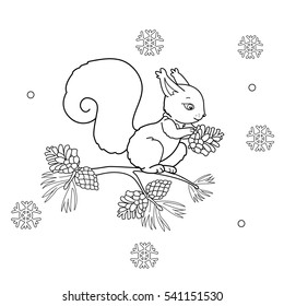 Coloring Page Outline Of cartoon squirrel with cone. Winter. Coloring book for kids